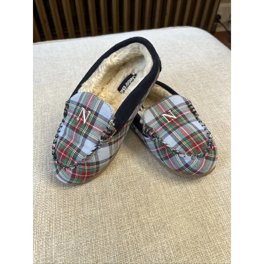 Lands' End Size 1 Childs Suede Slippers Moccasin Navy Blue Faux Fur Monogram “N”
